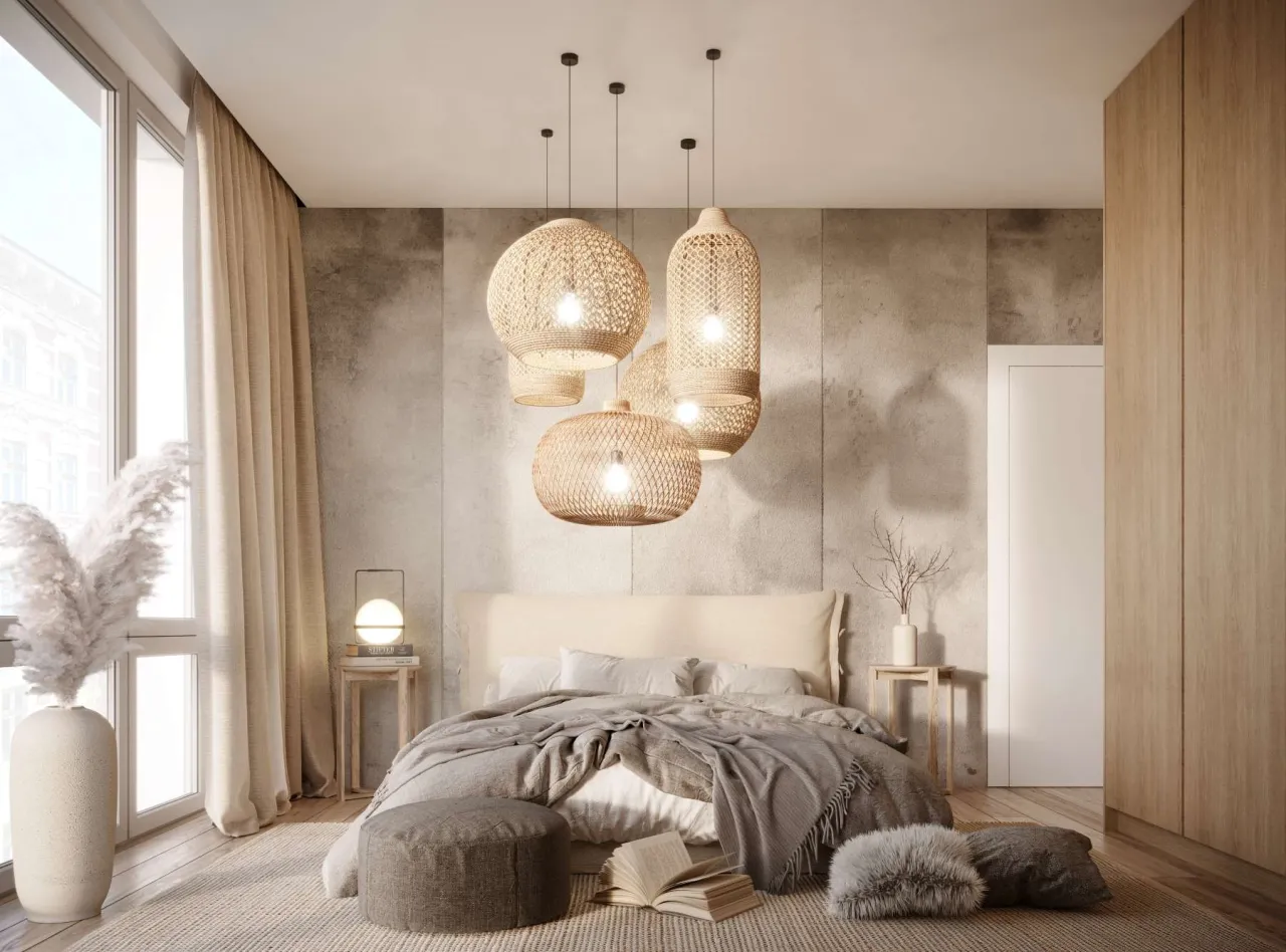 Beżowa sypialnia z kolorowymi dodatkami