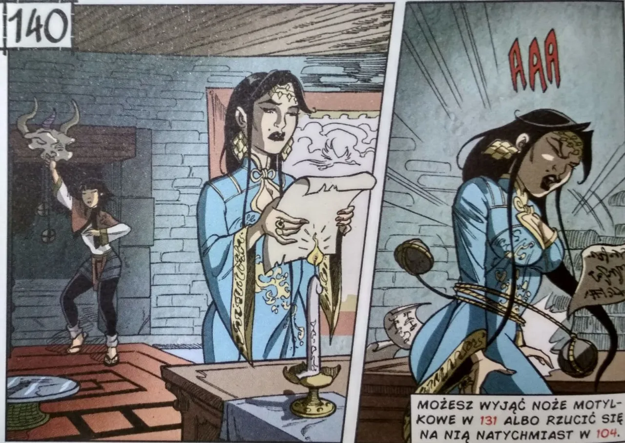 Komiks: ty w niebieskiej szacie czytasz zw&oacute;j, potem krzyczysz, bo jesteś uwięziona.