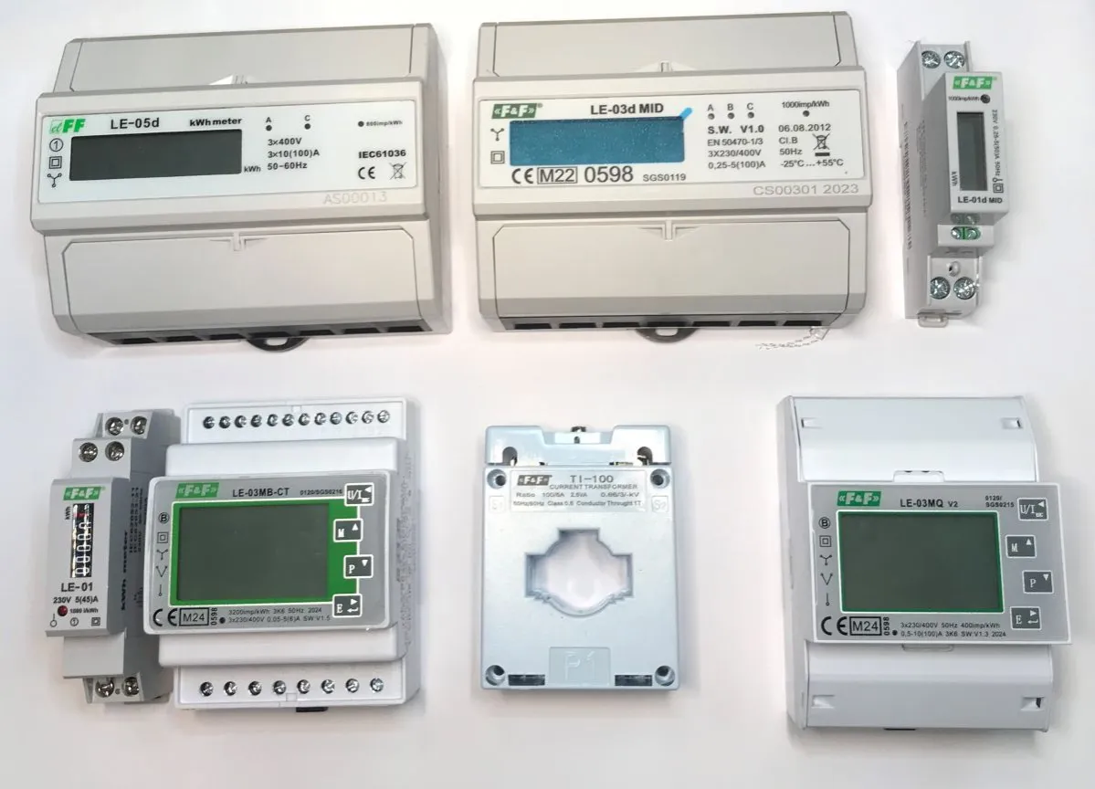 Różne liczniki energii elektrycznej, w tym modele LE-05d i LE-03d MID, pokazują, jak odczytać licznik centralnego ogrzewania.