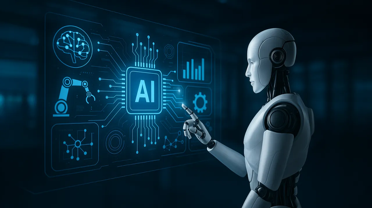 Robot z palcem wskazuje na ekran z napisem 