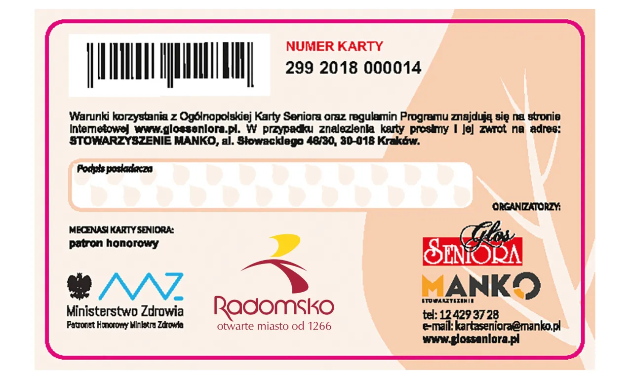 Karta Seniora: numer 299 2018 000014. Dowiedz się, jak wyrobić kartę seniora, sprawdzając regulamin na stronie www.glosseniora.pl.