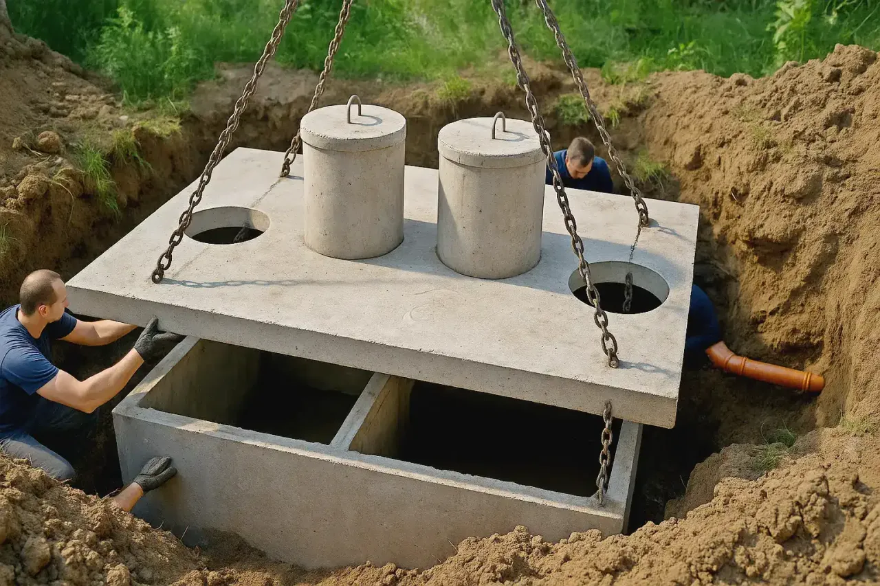 Pracownicy montują betonową pokrywę na nowym szambie, które może być pierwszym krokiem, jak przerobić szambo na oczyszczalnię.