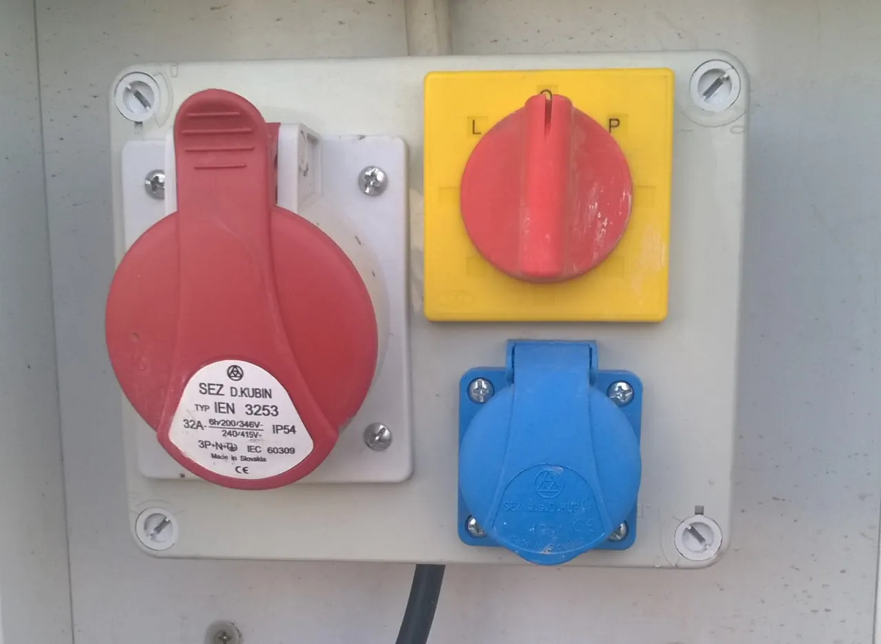 Panel zasilający w garażu: czerwony wtyk, ż&oacute;łty wyłącznik i niebieskie gniazdo.