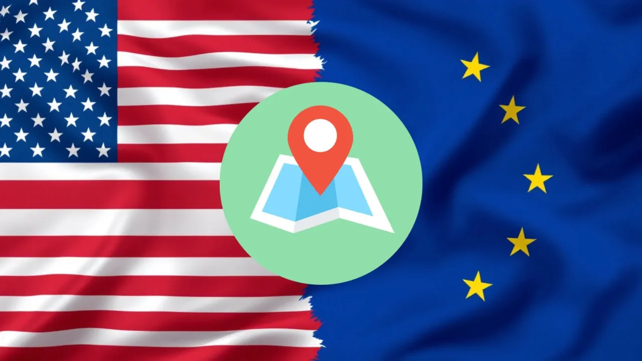 Flaga USA i UE połączone z ikoną mapy. Gdzie produkowana jest Tesla z jakiego kraju?