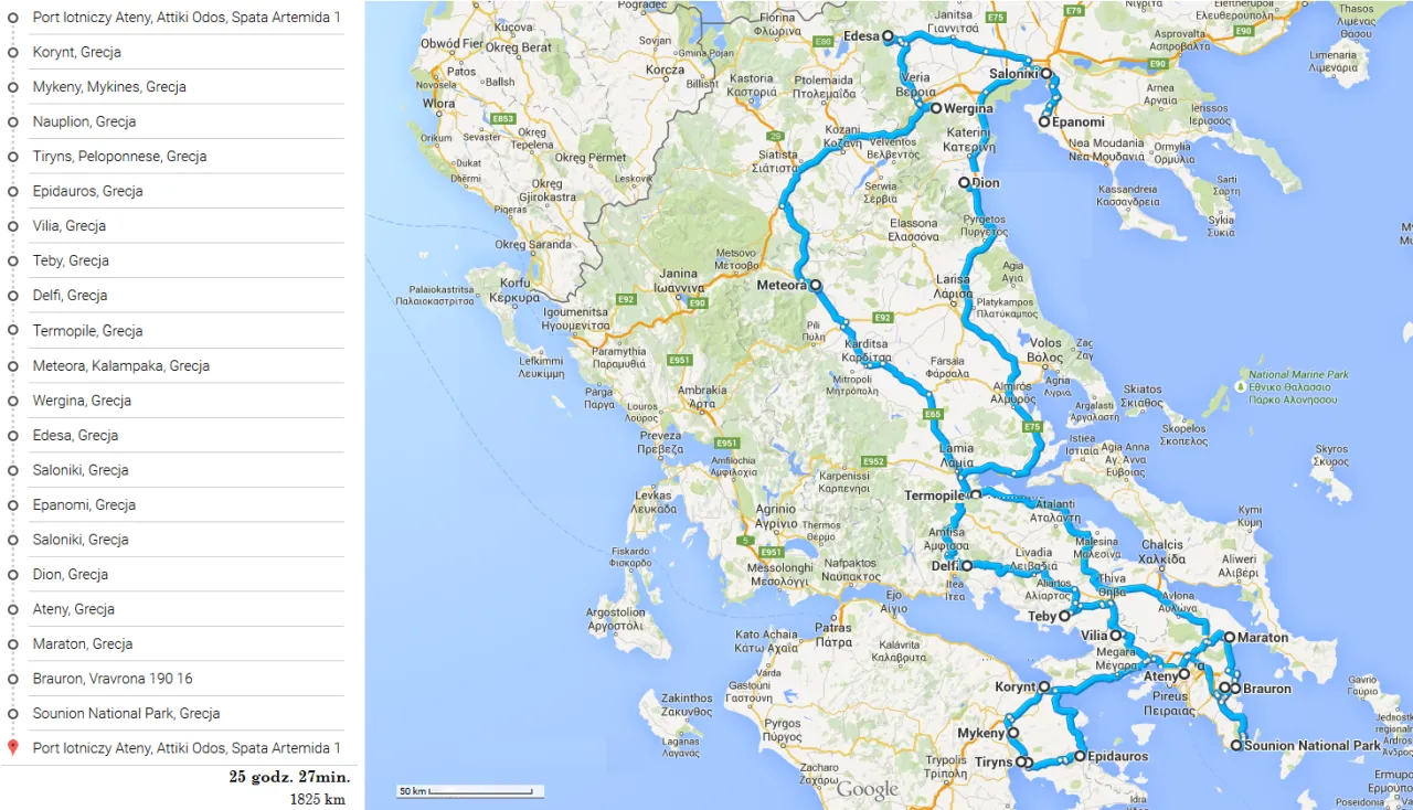 Trasa z Poznania do Grecji, pokazująca lotnisko w Atenach i trasę po Peloponezie. Czas podr&oacute;ży: 25 godz. 27 min.