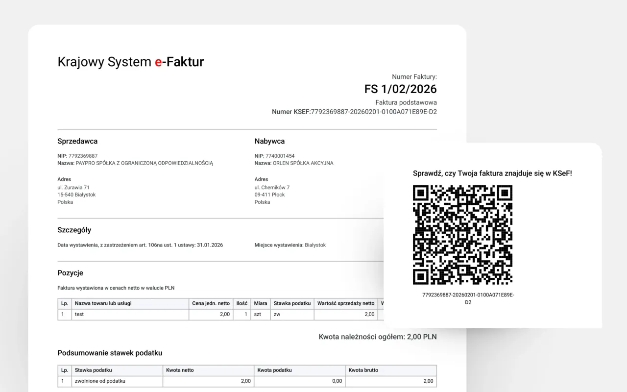 Krajowy System e-Faktur: przykładowa faktura, jak to działa. QR kod potwierdza jej autentyczność.