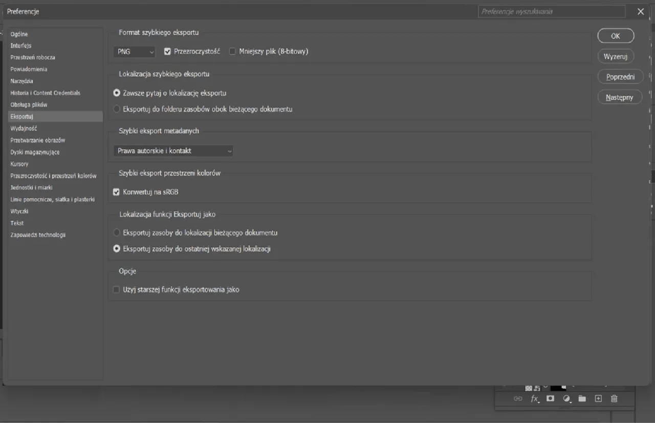 photoshop eksportuj jako opcje dialog