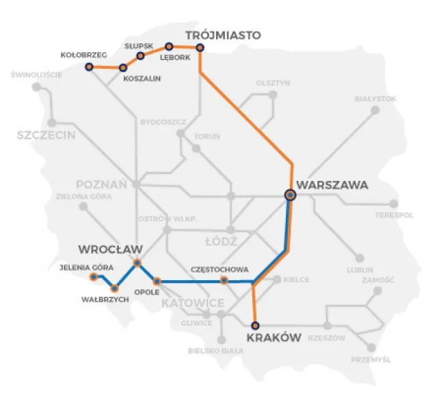 Mapa trasy Pendolino Słupsk Warszawa