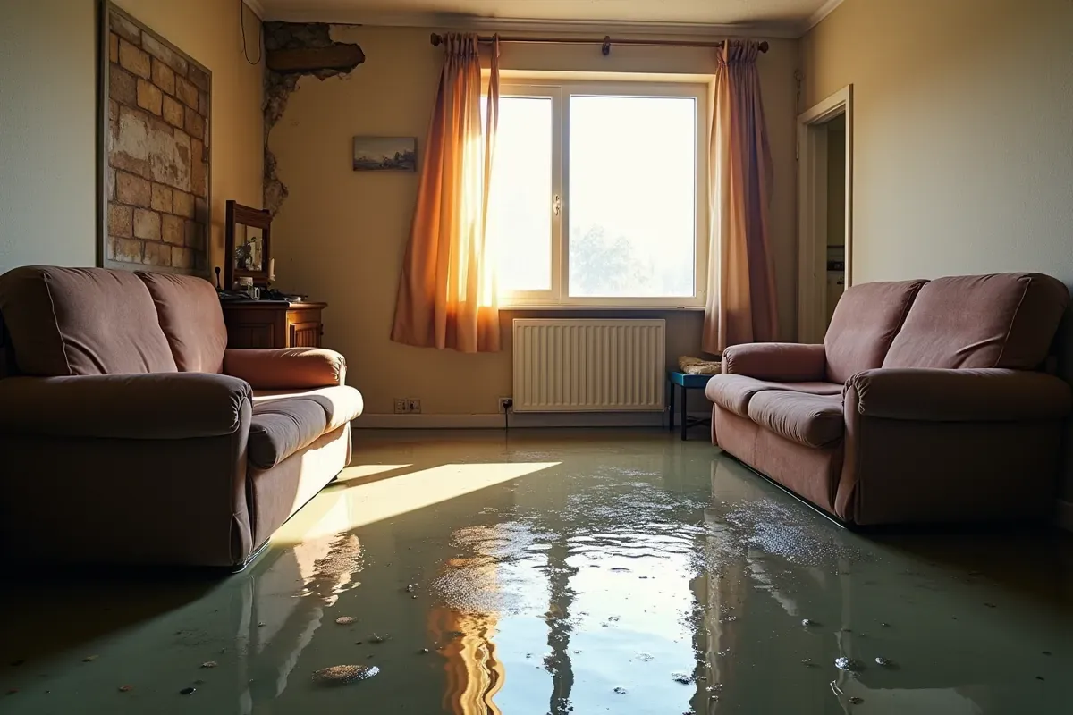 Zalane mieszkanie z dwoma kanapami i wodą na podłodze. Słońce wpada przez okno, tworząc refleksy.