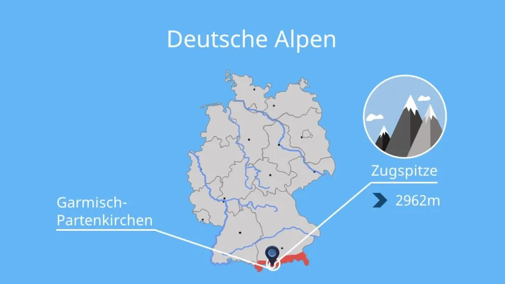 Karte von Deutschland mit eingezeichneten Mittelgebirgen und Alpen