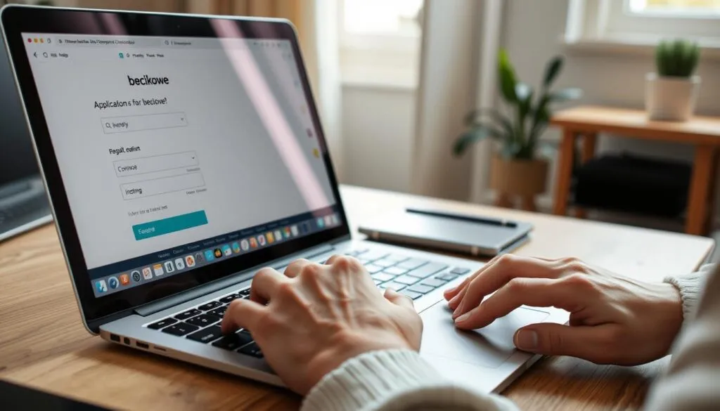 osoba wypełniająca wniosek online na laptopie