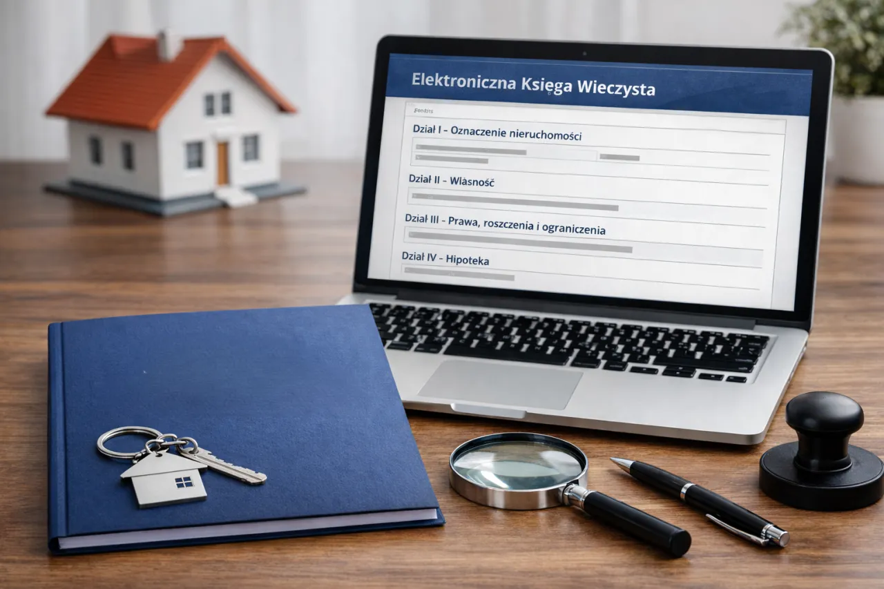 Księga wieczysta otwarta na komputerze, symbol prawa i nieruchomości