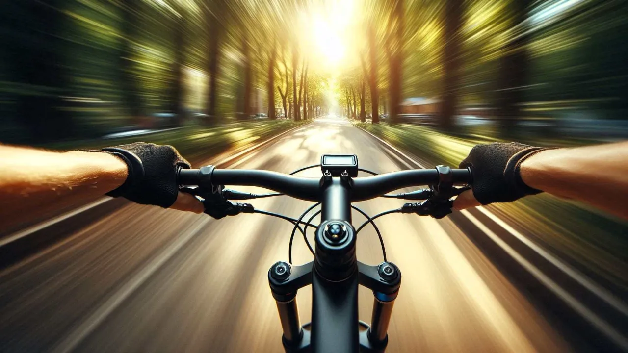Rowerzysta w rękawiczkach trzyma kierownicę, jadąc szybko aleją drzew. Idealna kierownica do roweru trekkingowego zapewnia komfort i kontrolę.