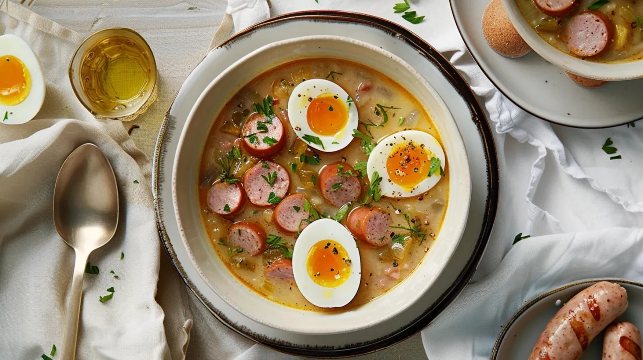 Pyszny żurek z białą kiełbasą i jajkiem. Czy w ciąży można jeść żurek? Tak, jeśli jest przygotowany z odpowiednich składników.