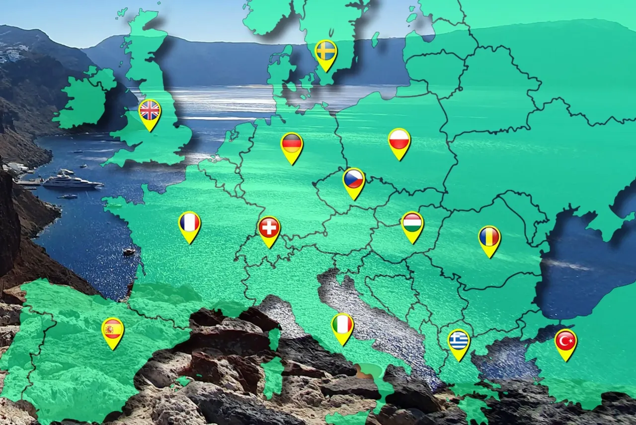 Mapa Europy z ikonami apteczki i samochod&oacute;w