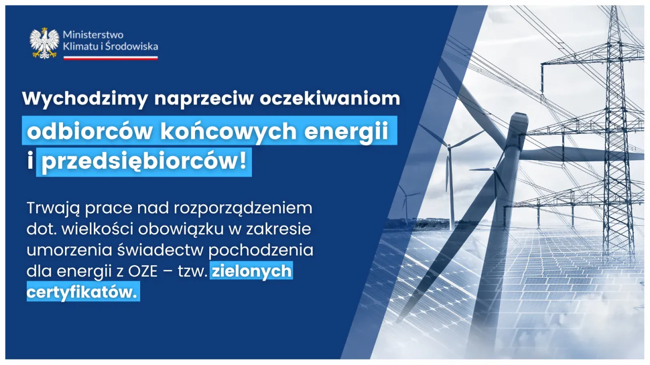 Ministerstwo Klimatu i Środowiska pracuje nad rozporządzeniem dotyczącym umorzenia świadectw pochodzenia dla energii z OZE &ndash; tzw. zielonych certyfikat&oacute;w. W tle widać farmę wiatrową i panele słoneczne.