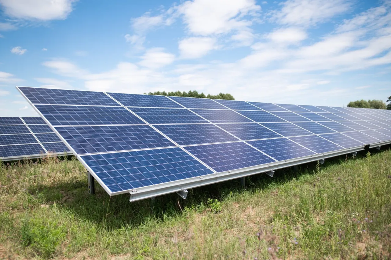 Panele fotowoltaiczne na polu, symbol ekologicznej przyszłości i rozwoju spółdzielni energetycznej.