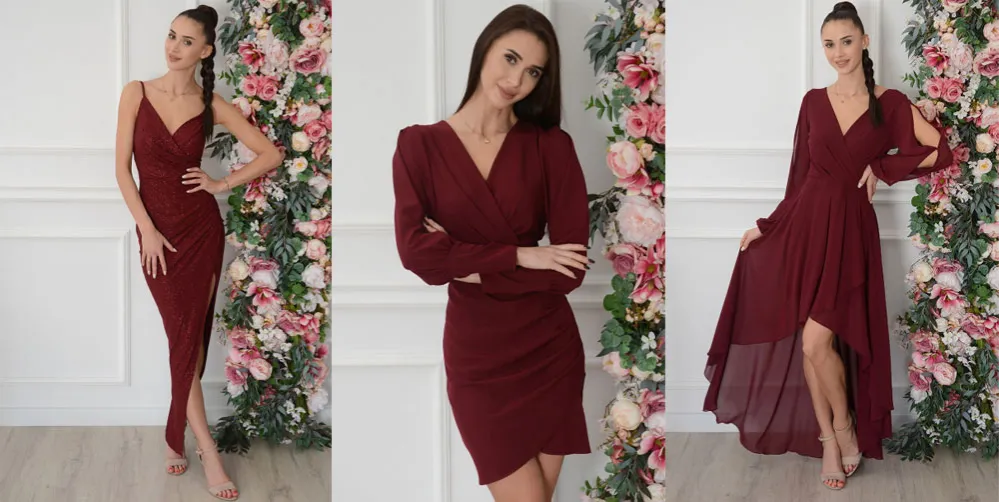 bordowa sukienka stylizacje na wesele i do pracy