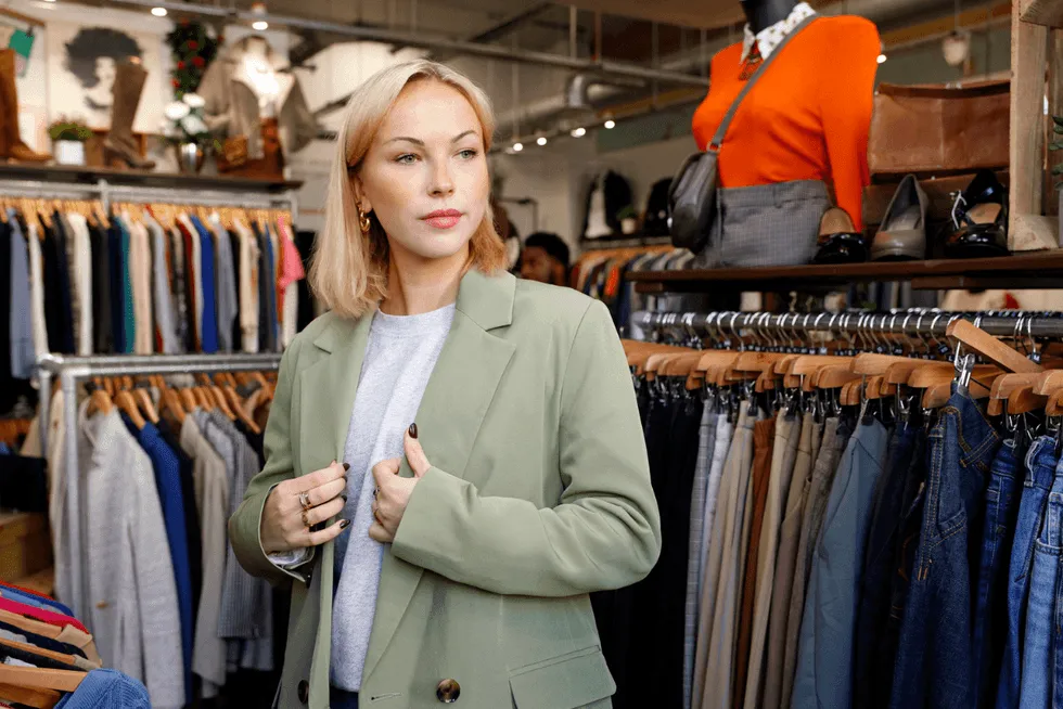 kobieta ważąca ubrania w lumpeksie