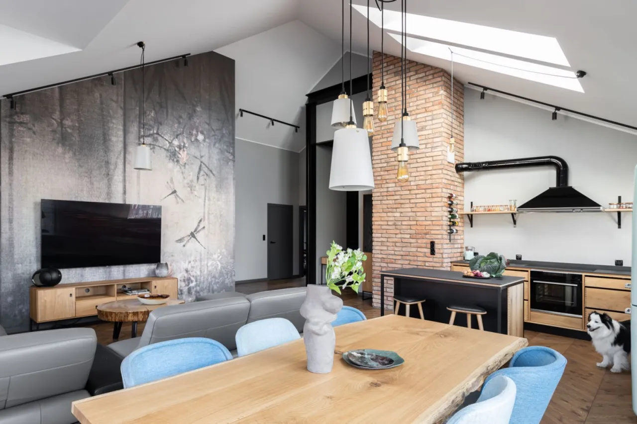 szklane ściany loft salon jadalnia