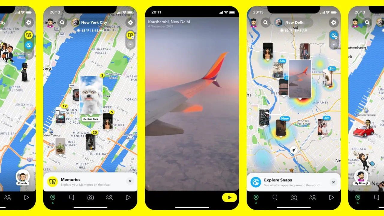 Snapchat Snap Map, widok mapy z awatarami znajomych