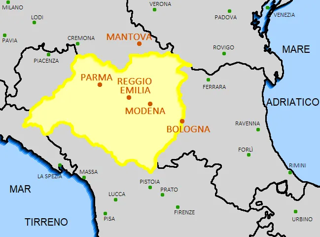 Mapa regionów produkcji Parmigiano Reggiano i Grana Padano