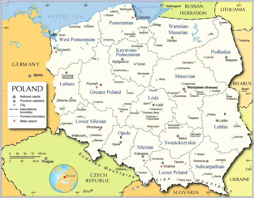 map of Poland with Polish flag and English names