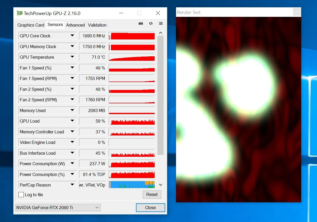 Monitorowanie GPU-Z: temperatury, obciążenie, pob&oacute;r mocy. Widać powody ograniczenia wydajności (throttling co to) - wr, VRel, VOp.