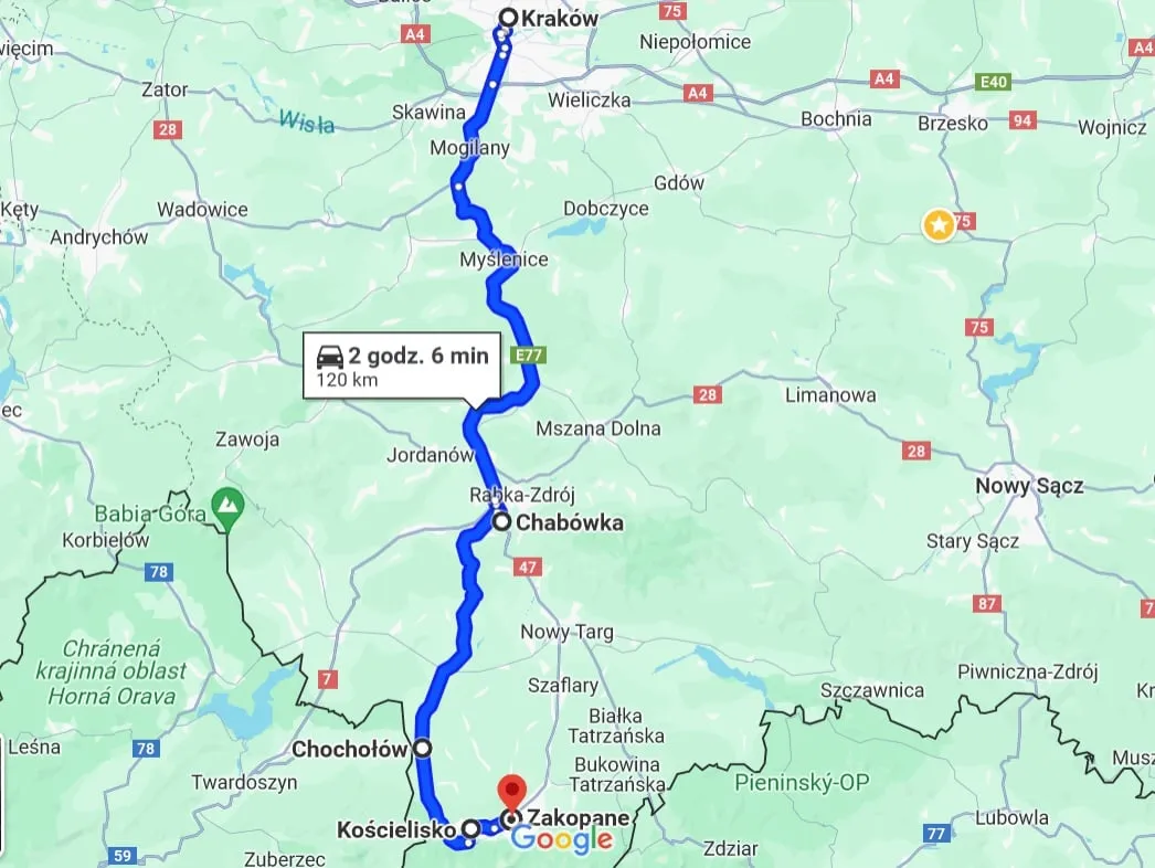 Mapa tras do Zakopanego z Krakowa, alternatywne drogi