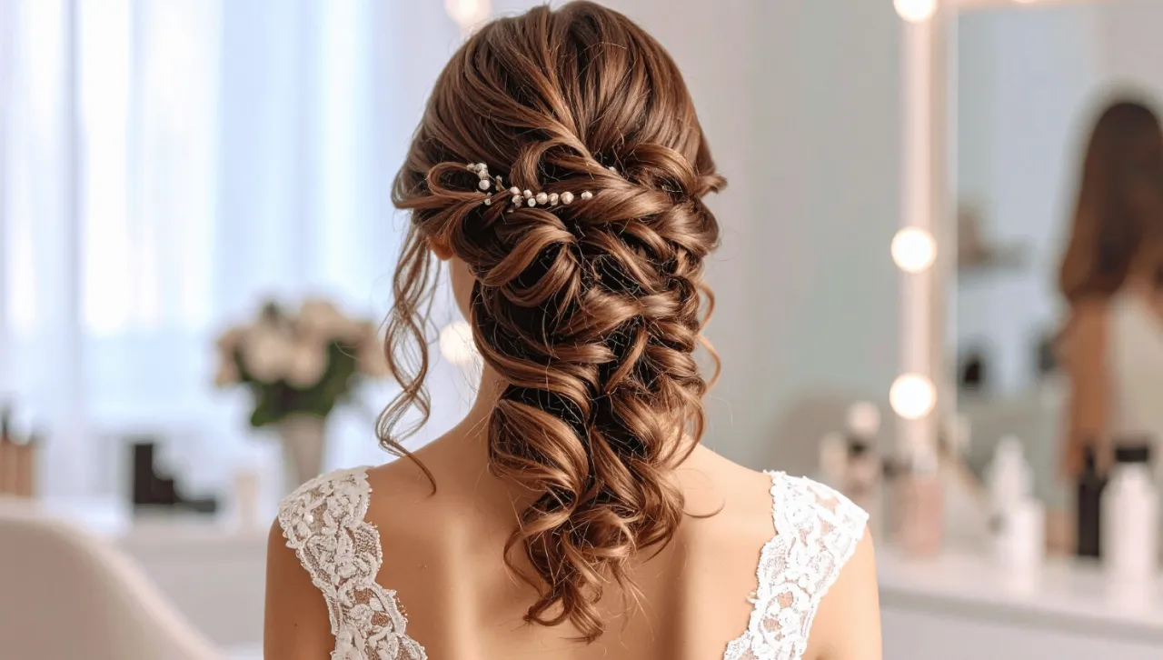 Elegancka fryzura ślubna z delikatnymi lokami i perłowymi ozdobami. Idealna na wesele, podkreśla romantyczny styl panny młodej.