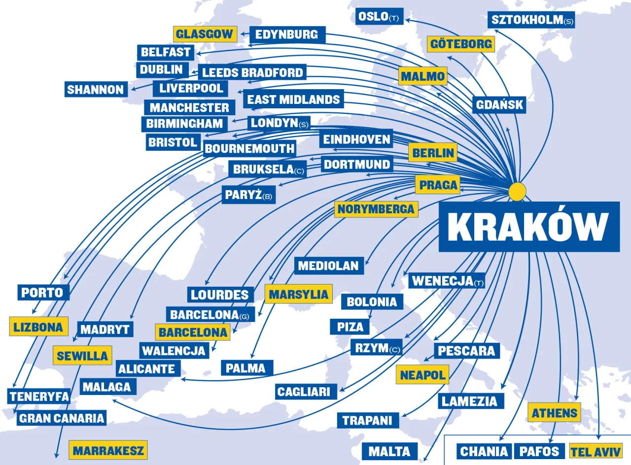 Mapa lot&oacute;w z Krakowa. Sprawdź, ile trwa lot na Gran Canarię i do innych popularnych miejsc.