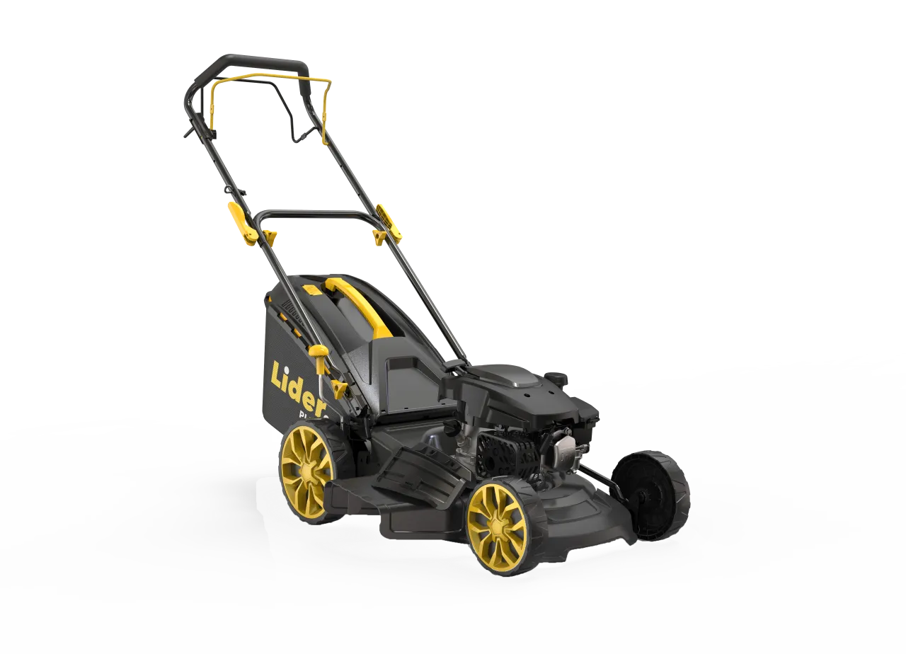 Czarna kosiarka spalinowa Lider z ż&oacute;łtymi akcentami. Zastanawiasz się, ile kosztuje kosiarka spalinowa?