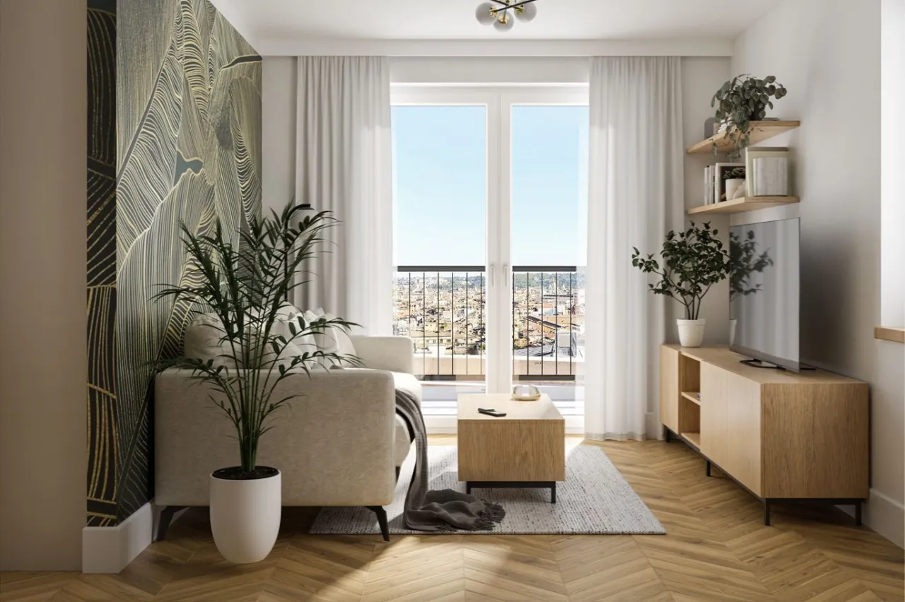 Jasny salon z lustrem, dużo światła