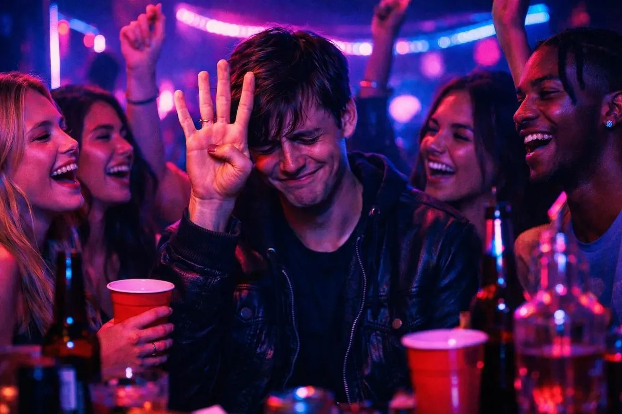 Impreza w klubie, gdzie można p&oacute;jść na randkę, z ludźmi tańczącymi w świetle neon&oacute;w i śmiejącymi się przy drinkach.