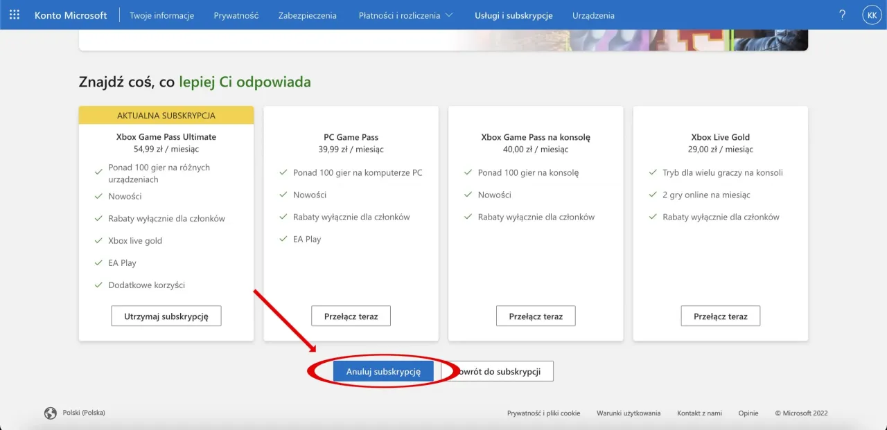 Anulowanie subskrypcji Xbox Game Pass na stronie Microsoft