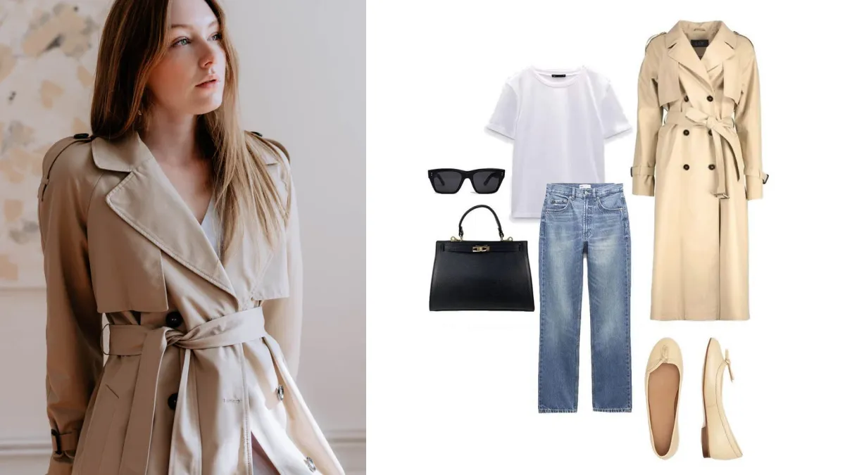 kobieta w trenczu i jeansach stylizacja wiosenna