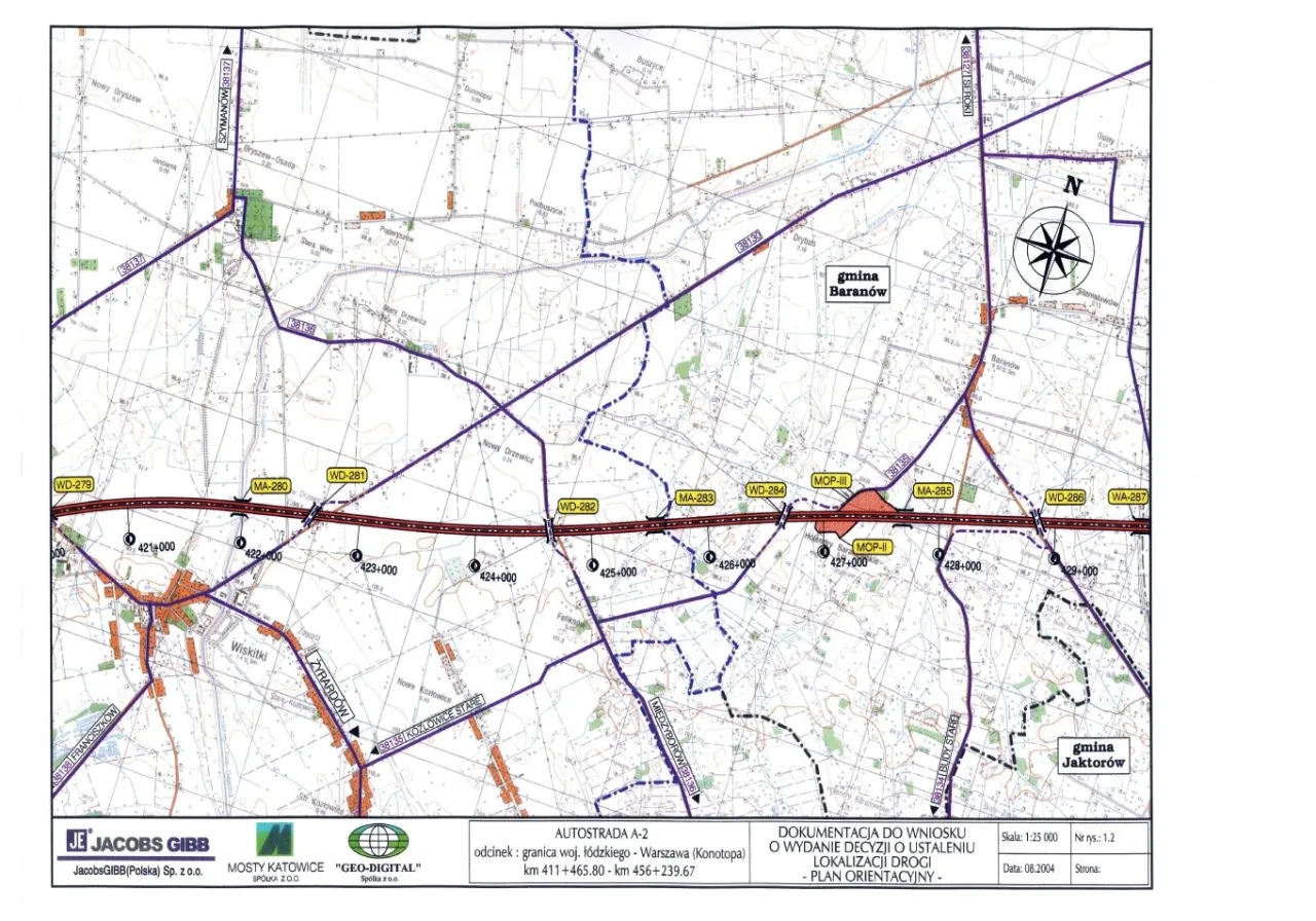 Mapa autostrady A2 z zaznaczonymi odcinkami płatnymi i bezpłatnymi
