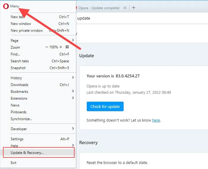 aktualizacja Opera, menu Opera