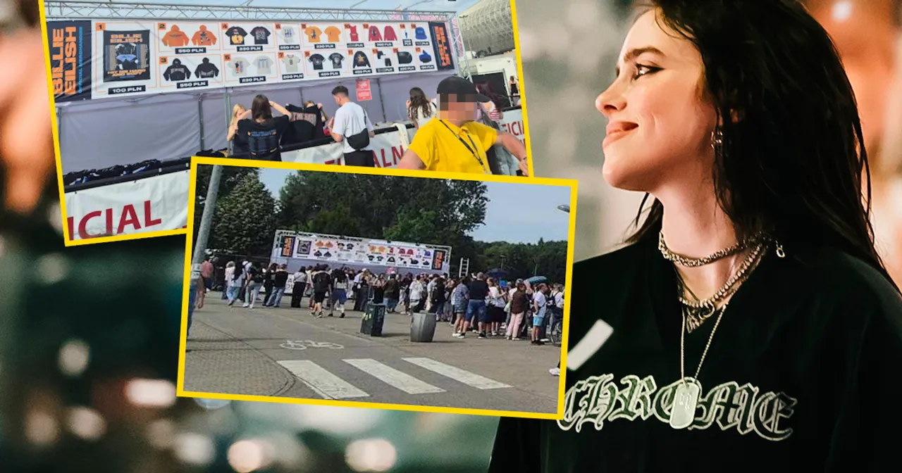 Kolejka do stoiska z gadżetami Billie Eilish. Fani czekają, by dowiedzieć się, ile trwa support przed koncertem i kupić pamiątki.