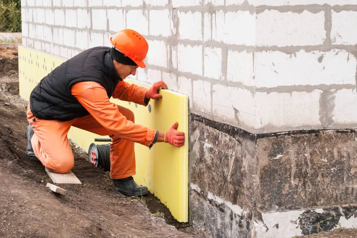 Budowlaniec montuje ż&oacute;łtą płytę izolacyjną, pokazując, czym wykończyć fundament domu.