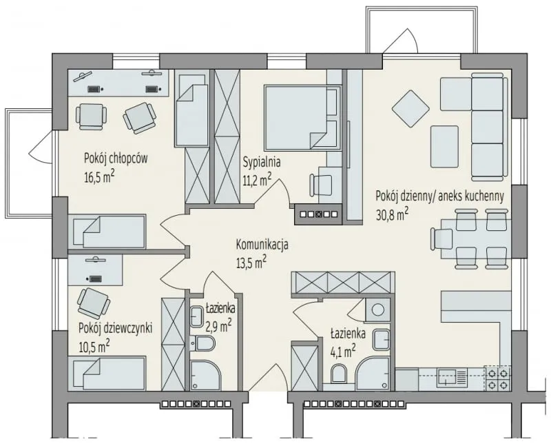 Rzuty mieszkań M2 z osobną kuchnią i aneksem