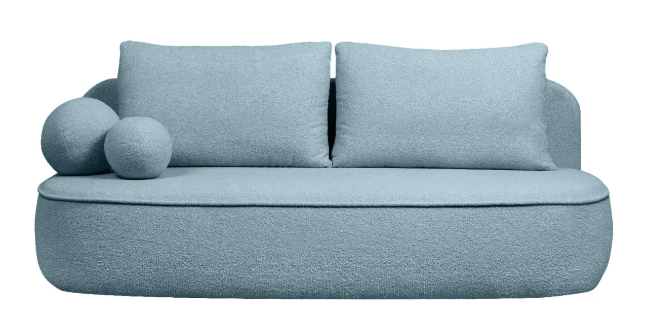 niebieska kanapa z poduszkami musztardowymi, szarymi, r&oacute;żowymi, zielonymi