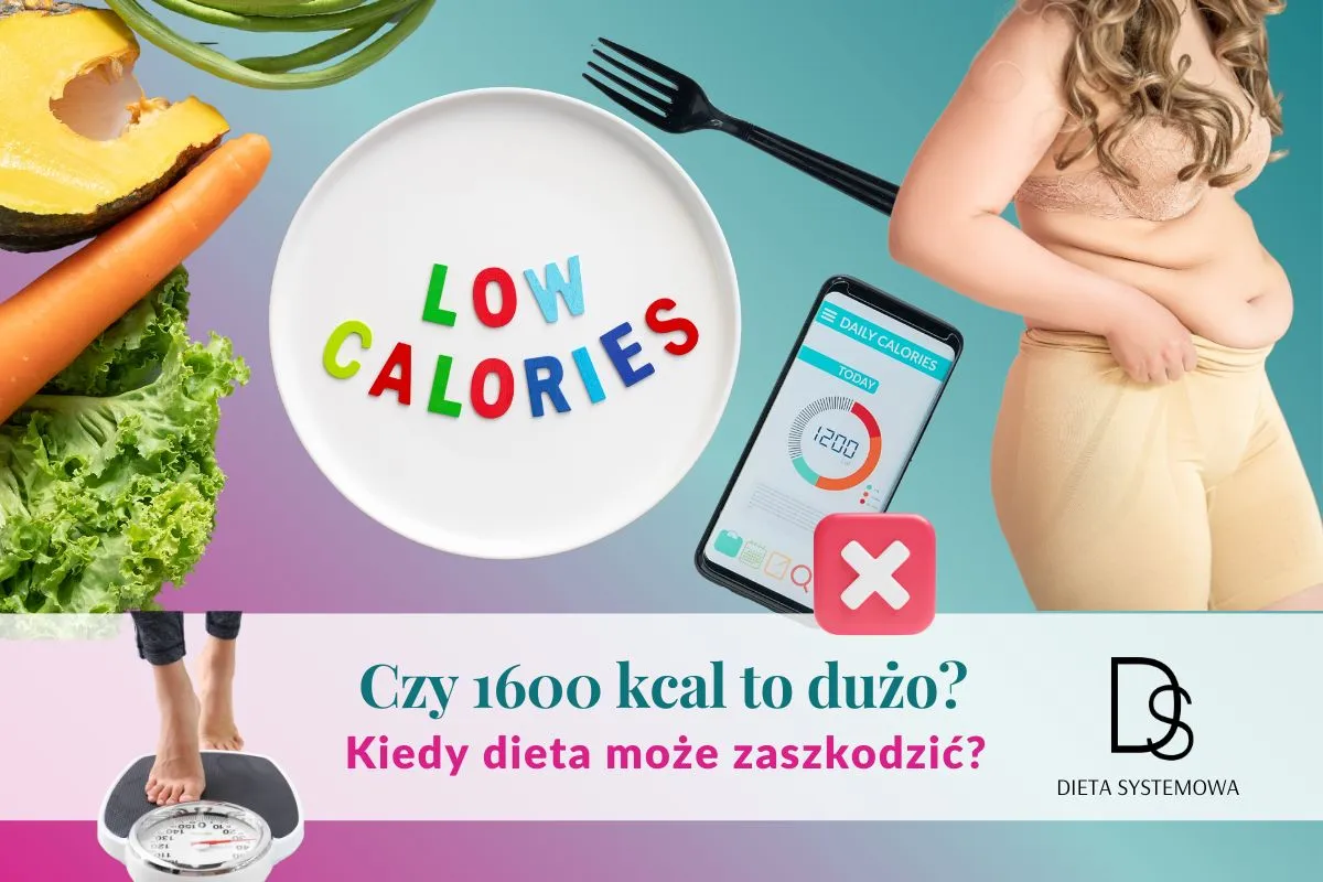 Niska kaloryczność diety. Czy 1600 kcal na kg masy to dużo? Obraz przedstawia warzywa, talerz z napisem 