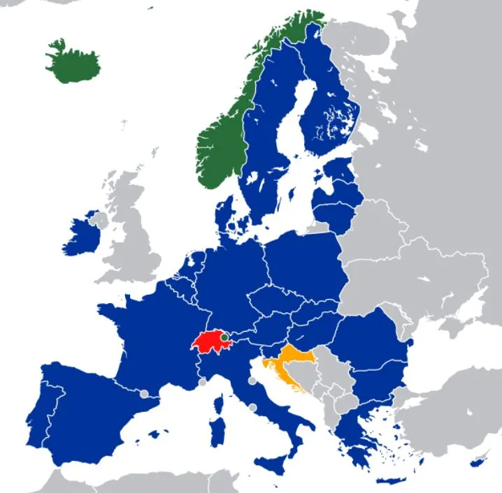Mapa Unii Europejskiej z zaznaczonymi krajami EOG