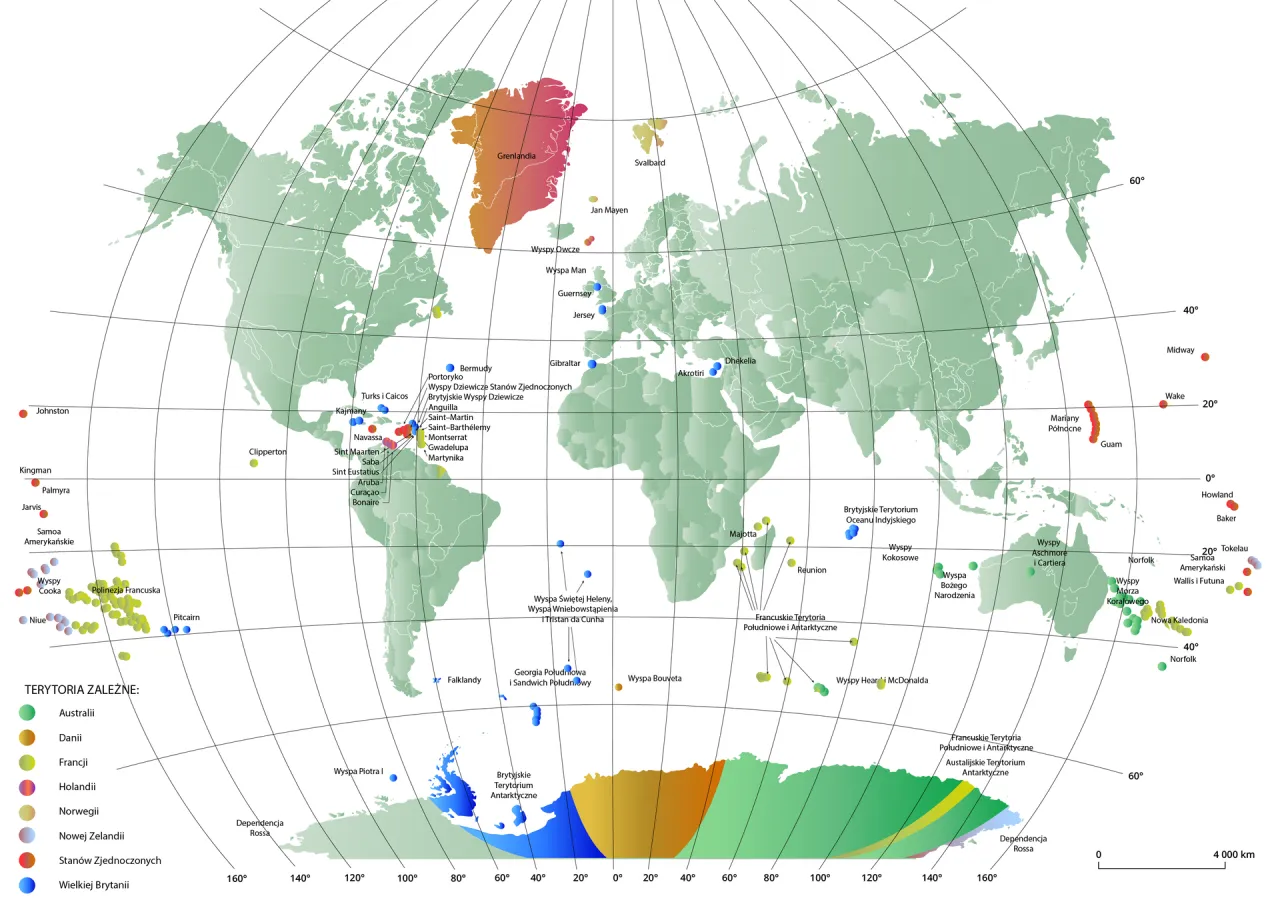 Mapa świata z zaznaczonymi terytoriami zależnymi. Kolory wskazują, do jakiego państwa należą, np. USA, Wielka Brytania. Ile jest państw na świecie? Mapa nie odpowiada wprost, ale pokazuje ich zasięg.