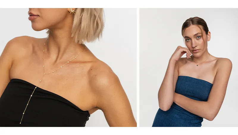 sukienka bez ramiączek z naszyjnikiem, przykłady stylizacji