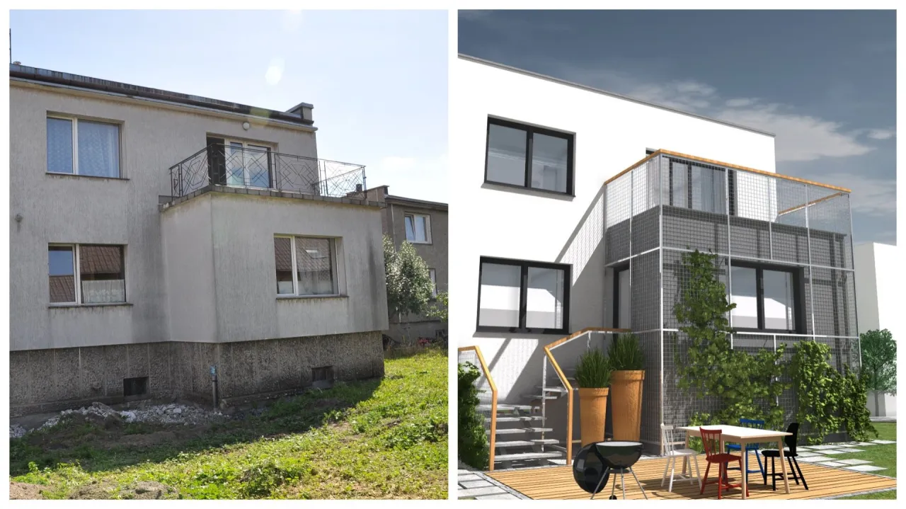 Nowoczesne elewacje domów kostek przed i po