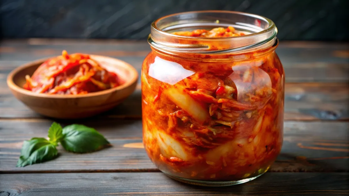 Kimchi w słoiku i na talerzu z warzywami