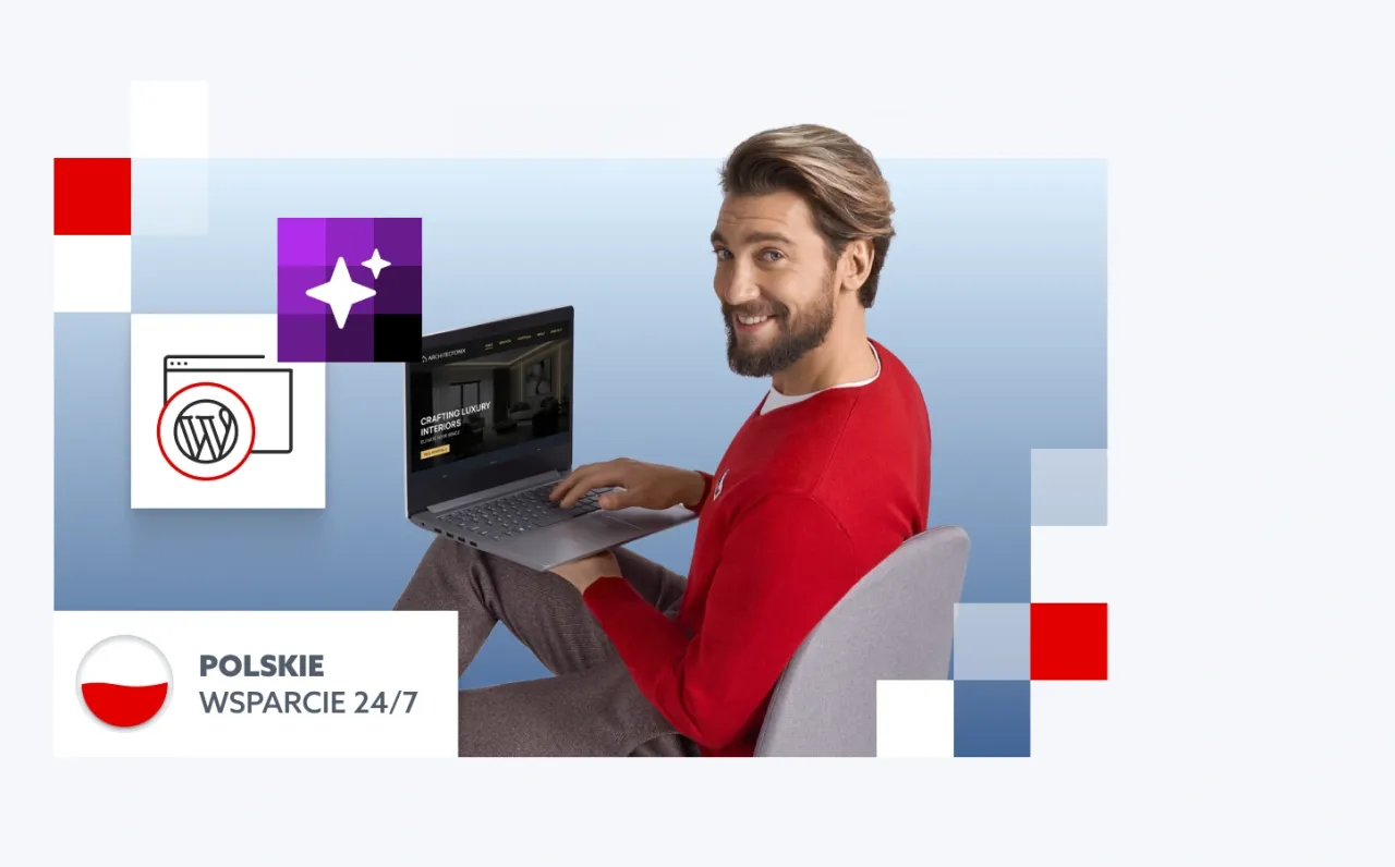 Mężczyzna z laptopem, ikony WordPress i błysku. Jak podpiąć domenę? Polskie wsparcie 24/7.