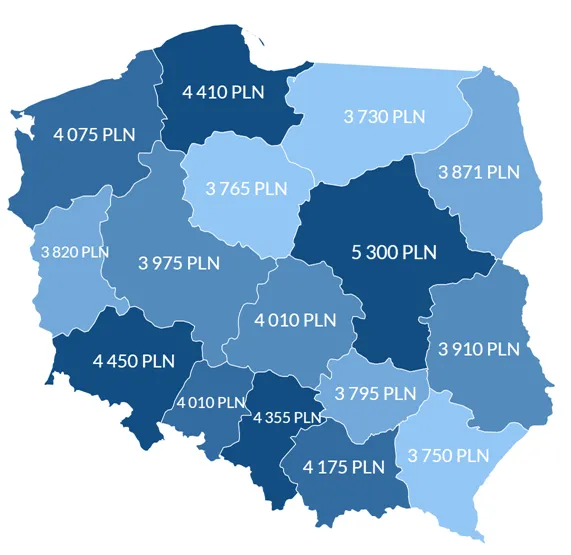 mapa Polski zarobki specjalist&oacute;w od wzroku w dużych miastach